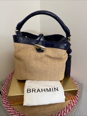 Brahmin Navy Croc-Trim Raffia Satchel